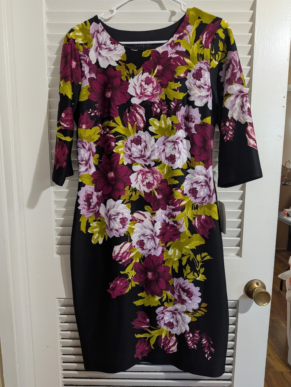 Enfocus Studio Black Midi Dress with Plum and Olive Floral Print